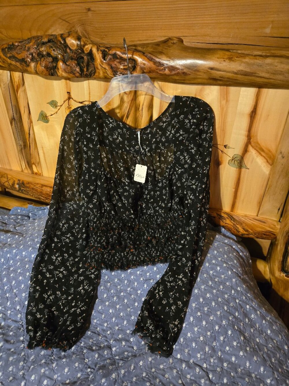 Free People Lolita Floral Smocked Top Black L NWT